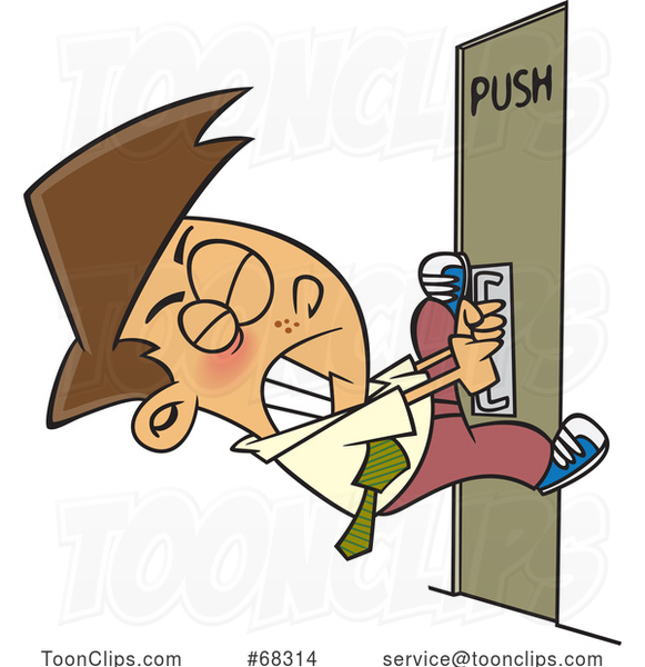 Cartoon Guy Pulling on a Door That Says Push