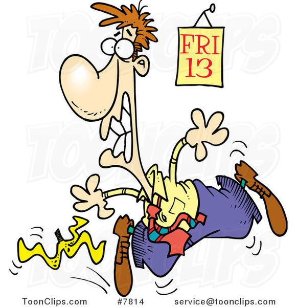 Cartoon Guy Slipping on a Banana Peel on Friday the 13th