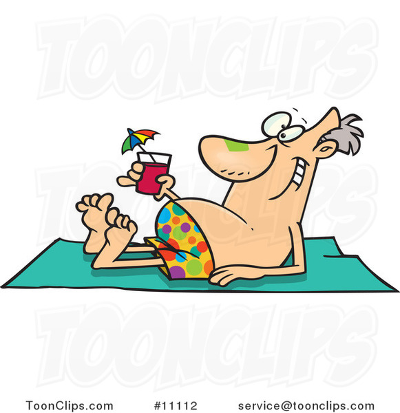 Cartoon Guy Sun Bathing with a Cocktail
