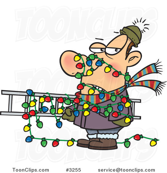 Cartoon Guy Tangled in Christmas Lights, Carrying a Ladder