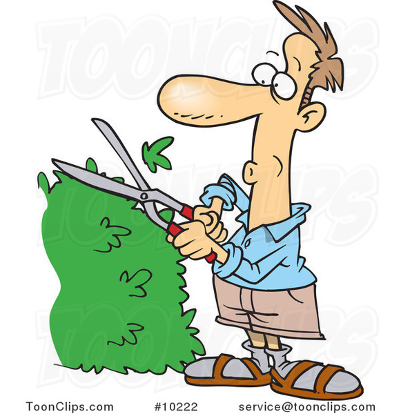 Cartoon Guy Trimming a Hedge