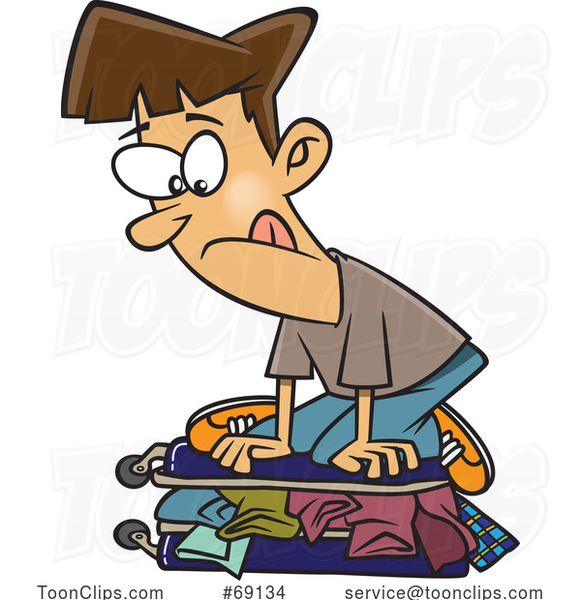 Cartoon Guy Trying to Cram Luggage in a Suitcase