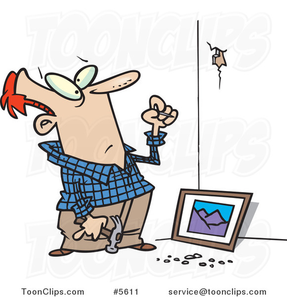 Cartoon Guy Trying to Hang a Picture on a Wall 5611 by Ron Leishman