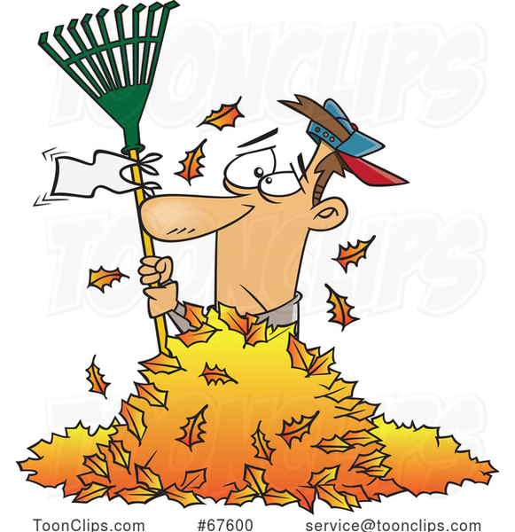 Cartoon Guy Waving a White Rake Flag in a Pile of Autumn Leaves