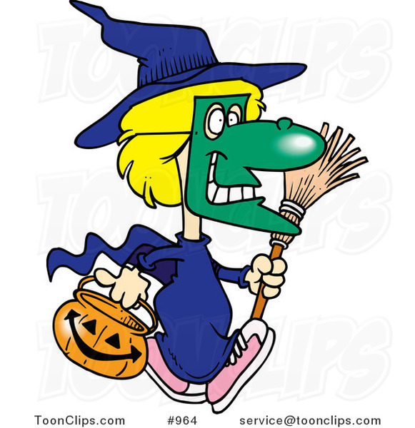 Cartoon Halloween Witch Girl Carrying A Pumpkin Basket 964 By Ron Leishman