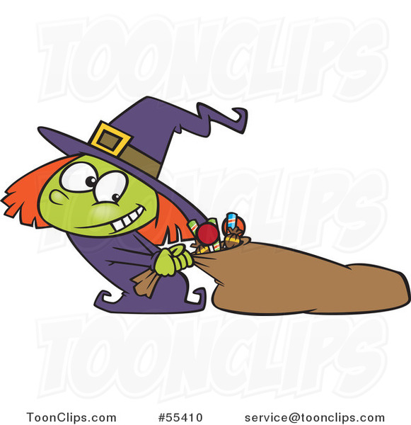 Cartoon Halloween Witch Girl Hauling Her Candy Sack