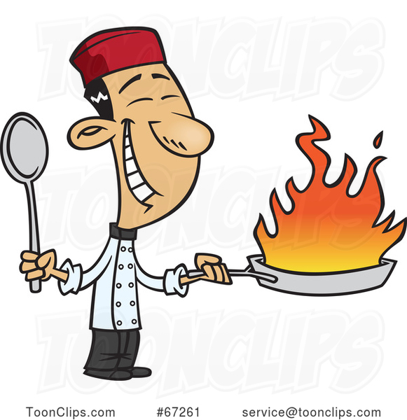 Cartoon Happy Asian Chef Holding a Flaming Wok