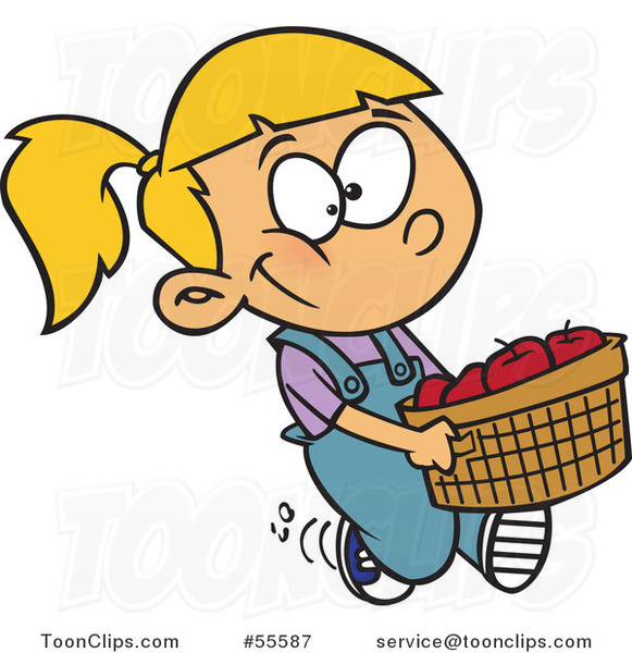 Cartoon Happy Blond White Girl Carrying a Bushel of Apples