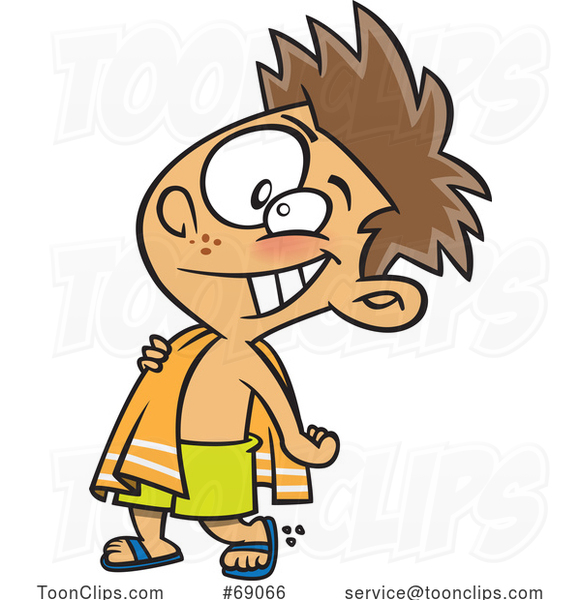 Cartoon Happy Boy Carrying a Beach Towel