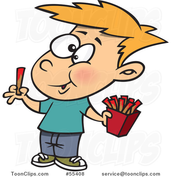 Cartoon Happy Boy Eating French Fries