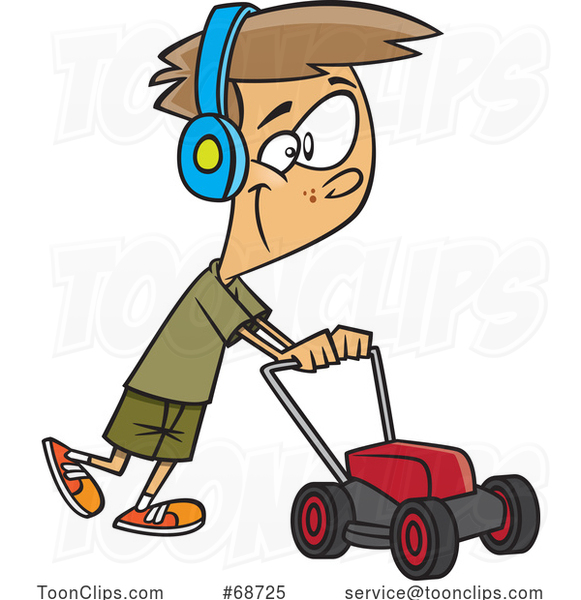 Cartoon Happy Boy Mowing