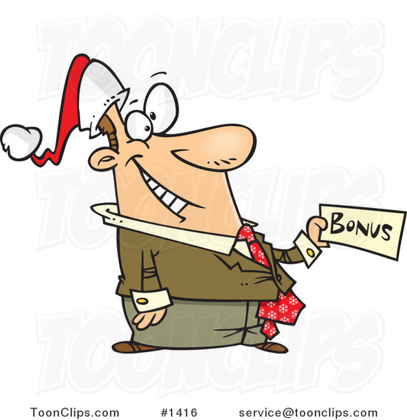 Cartoon Happy Business Man Holding a Christmas Bonus