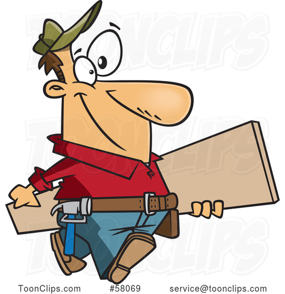 Cartoon Happy Carpenter Carrying a Board