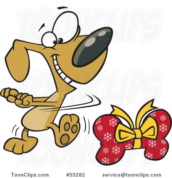 Cartoon Happy Christmas Dog Doing a Happy Dance by a Bone Gift