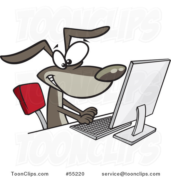 Cartoon Happy Dog Typing at a Computer