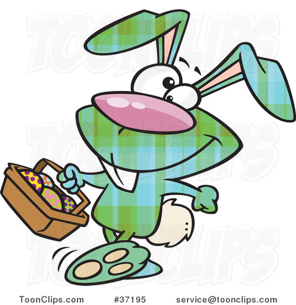 Cartoon Happy Green Plaid Easter Bunny Carrying a Basket of Eggs