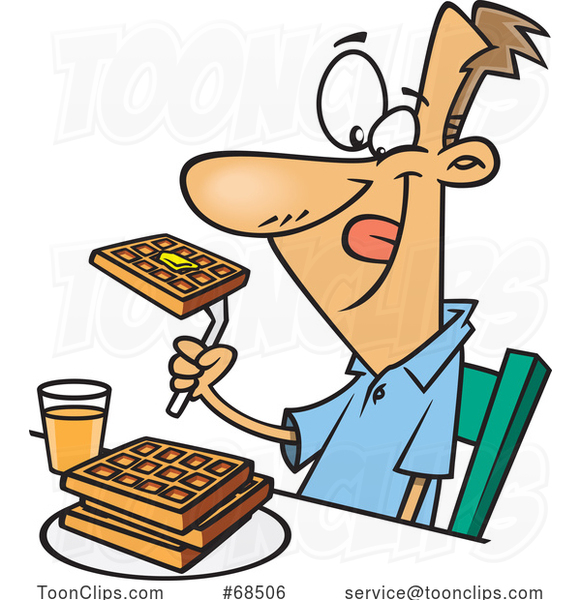 Cartoon Happy Guy Eating Waffles for Breakfast