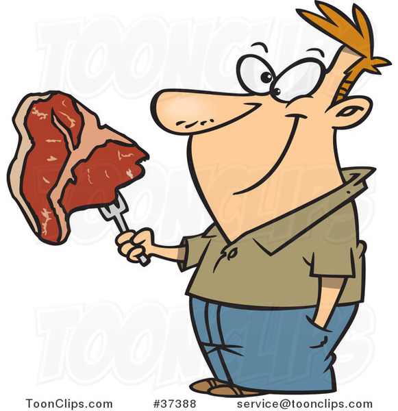 Cartoon Happy Guy Holding a Steak on a Fork