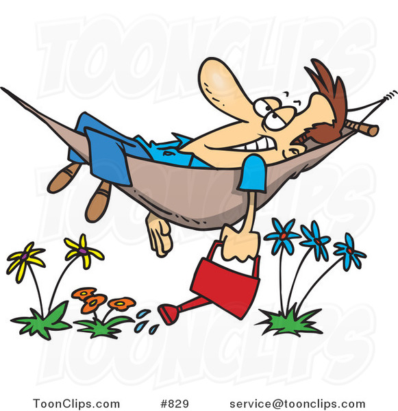 Cartoon Happy Guy Relaxing in a Hammock and Watering His Flowers #829 ...