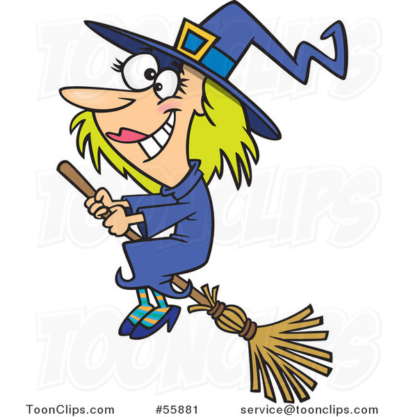 Cartoon Happy Halloween Good Witch Flying on a Broom
