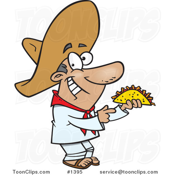 Cartoon Happy Hispanic Guy Holding a Taco