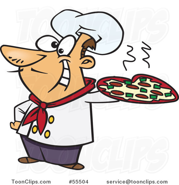 Cartoon Happy Italian Chef Holding a Pizza Pie