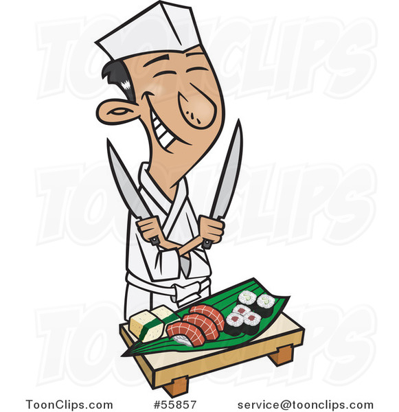 Cartoon Happy Japanese Chef Holding Knives over Sushi