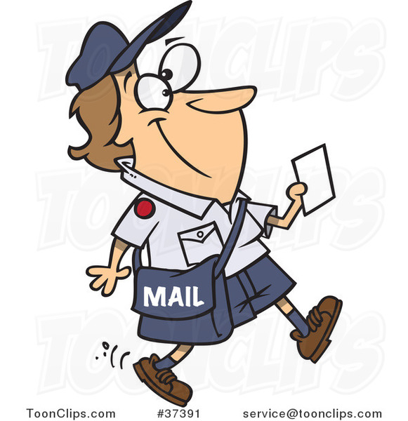 Cartoon Happy Mail Lady Walking and Carrying a Message