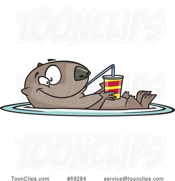 Cartoon Happy Otter Floating with a Drink