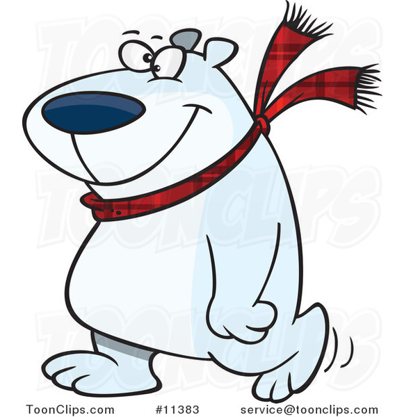 Cartoon Happy Polar Bear Wearing a Scarf and Walking Upright