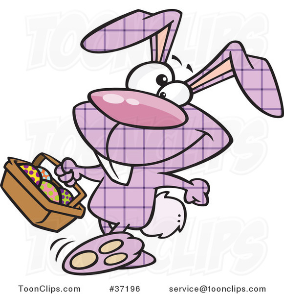 Cartoon Happy Purple Plaid Easter Bunny Carrying a Basket of Eggs