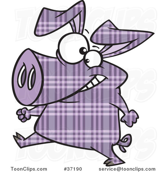 Cartoon Happy Purple Plaid Pig Walking Upright