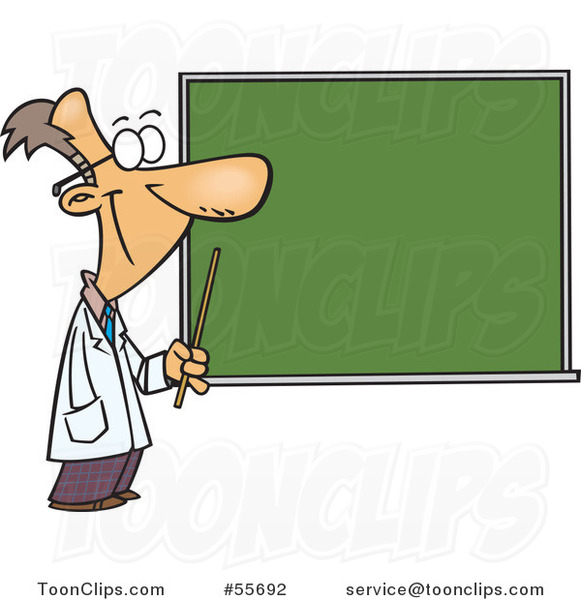 Cartoon Happy Science Teacher Pointing to a Chalk Board