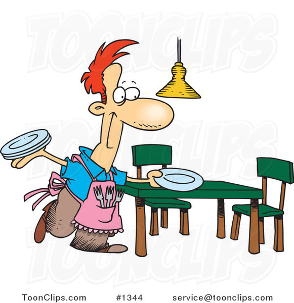 Cartoon Happy Stay at Home Dad Setting the Dinner Table #1344 by Ron  Leishman