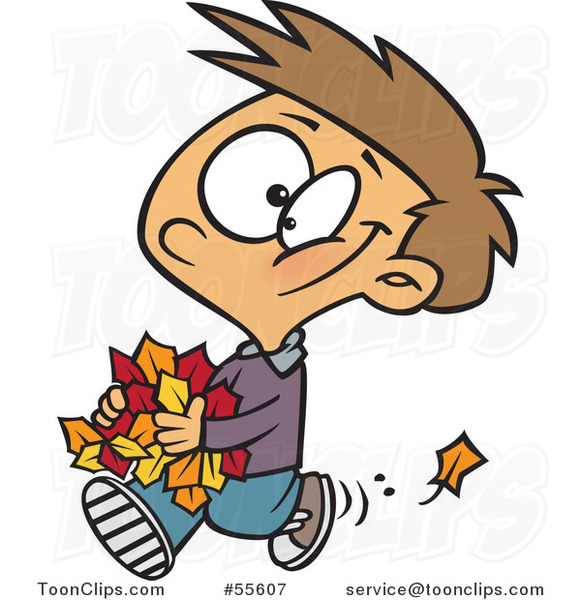 Cartoon Happy White Boy Carrying Autumn Leaves