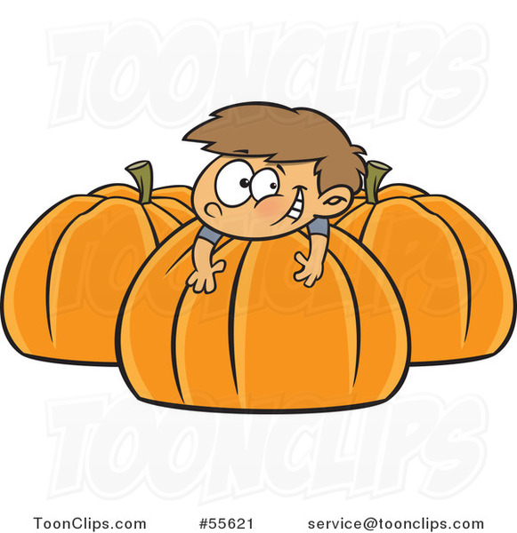 Cartoon Happy White Boy Resting on a Large Pumpkin