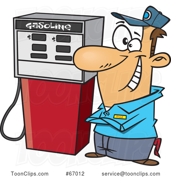 Cartoon Happy White Gas Station Pump Attendant