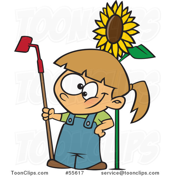 Cartoon Happy White Girl Standing with a Gardening Hoe by a Sunflower