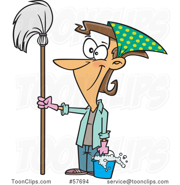 Cartoon Happy White Lady Ready for Spring Cleaning, Holding a Mop and ...