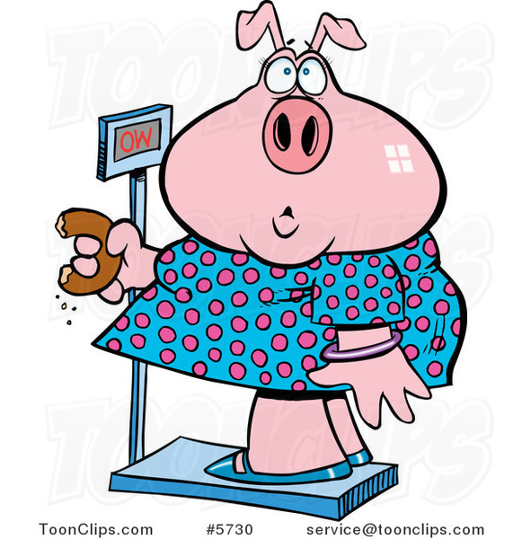 Cartoon Heavy Pig Eating a Donut on the Scale