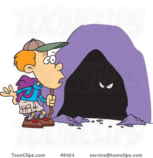 Cartoon Hiker Boy Seeing Eyes in a Cave #8424 by Ron Leishman