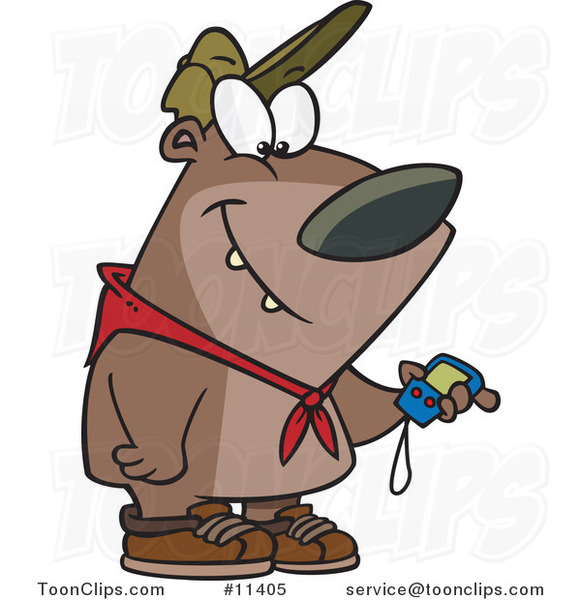 Cartoon Hiking Bear Using a GPS Tool