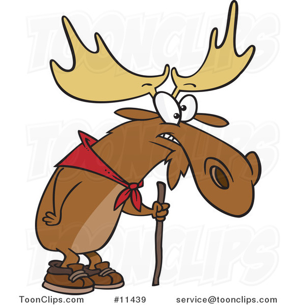 Cartoon Hiking Moose Using a Walking Stick