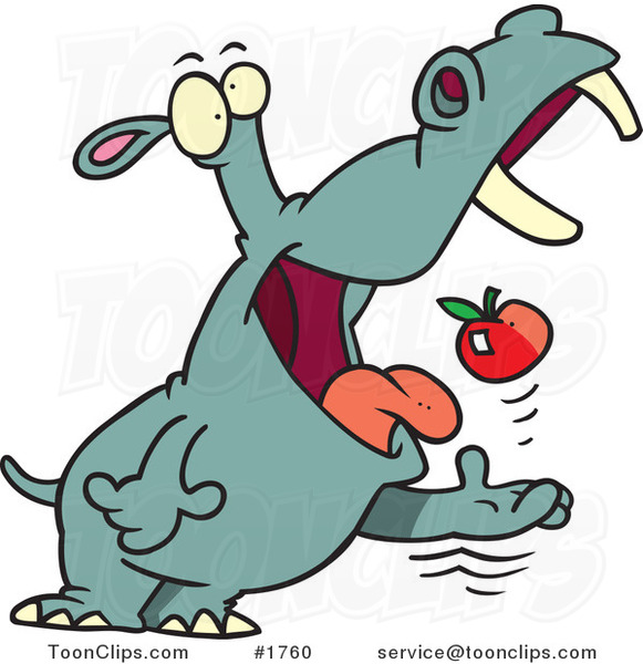 Cartoon Hippo Tossing an Apple into His Mouth