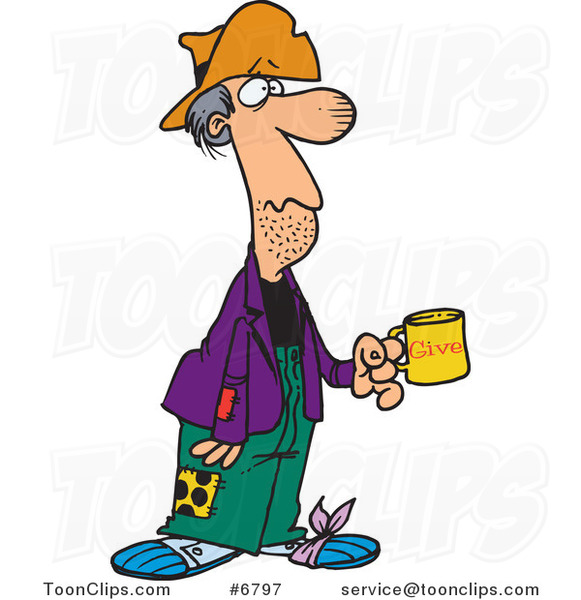 Cartoon Homeless Guy Holding a Charity Cup #6797 by Ron Leishman