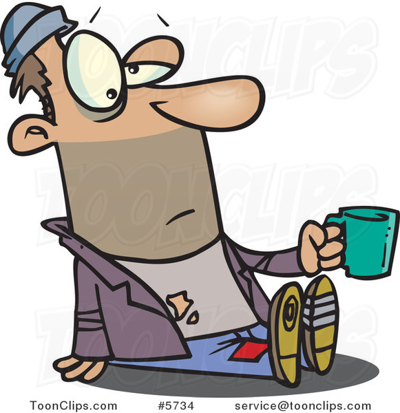 Cartoon Homeless Guy Sitting and Holding a Cup #5734 by Ron Leishman