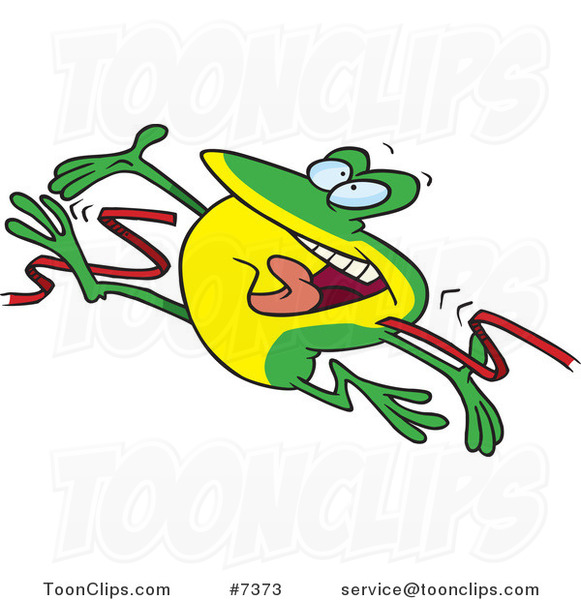 Cartoon Hopping Frog Breaking Through the Finish Line Ribbon