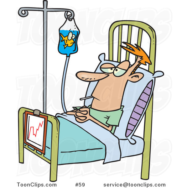 Cartoon Hospital Patient in a Bed, a Fish in His IV Container
