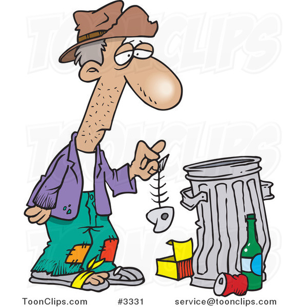 Cartoon Hungry Homeless Guy Holding A Fish Bone By A Trash Can 3331 By Ron Leishman