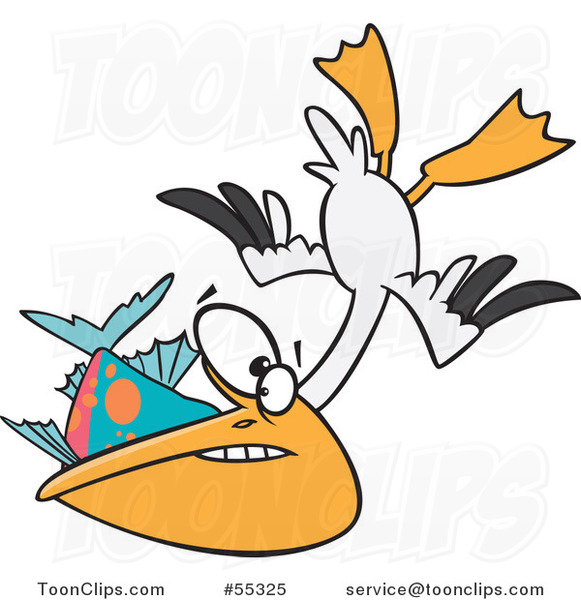 Cartoon Hungry Pelican Swooping up a Fish